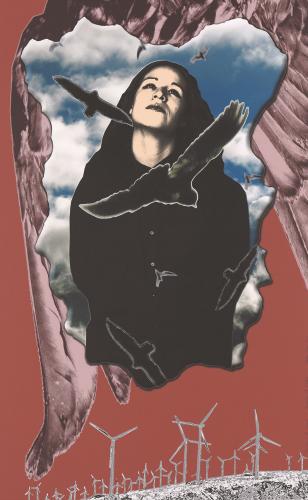 Inkjet print showing an image of a woman gazing upwards. In front of her are the silhouettes of birds. Behind her are a pair of wings. Beneath her is a hill dotted with wind turbines. The background is red.