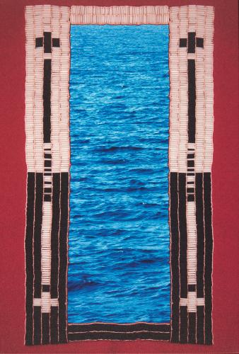 An inkjet print on canvas, showing a vertical rectangle of blue water surrounded by a decorative white and black border against a red background.