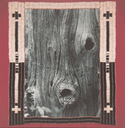 Inkjet print on canvas showing a vertical rectangular image of a close-up tree trunk, surrounded by a decorative black and white border, against a red background.