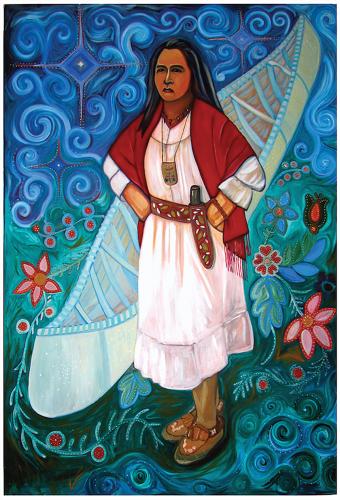 A painting of a woman wearing a white dress and red shawl, standing in front of a white canoe. The background is decorated with beadwork patterns.