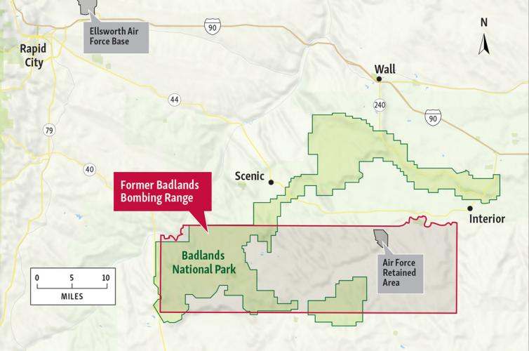 A map depicting the locations of Badlands National Park, the Badlands Bombing Range, and the Air Force retained area