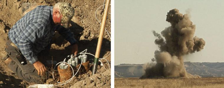 A photo showing a man preparing to detonate an explosive beside another photo of a cloud of smoke against a landscape