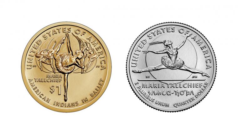 A US dollar and a US quarter featuring ballerina Maria Tallchief