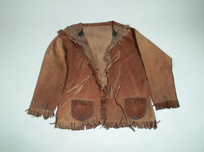 A brown deer-skin coat with a fringe and blue designs