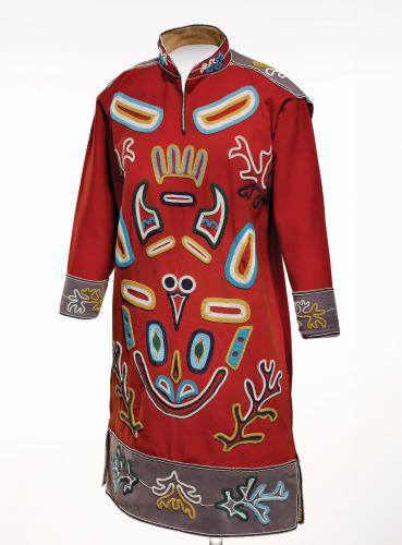 A red tunic with blue, yellow, black and white designs