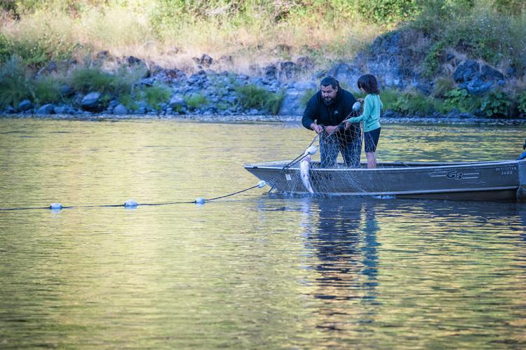 A man and child fish with a net from a small boat in the river