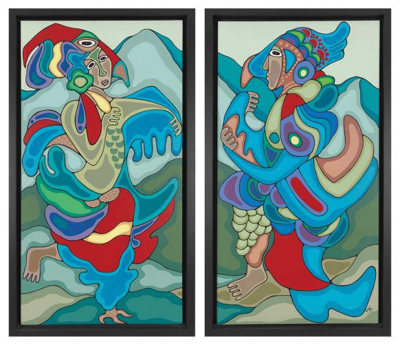 Two colorful paintings depicting Thunderbird woman and her husband looking at each other