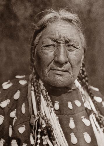 A historic photo of Dog Woman in braids, looking directly at the camera