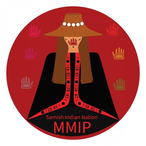 Logo design for Samish Indian Nation depicting a human figure over a red circle with handprints.