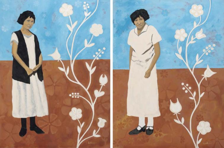 Two paintings of a great-grandmother and grandmother gazing forward on blue and brown background