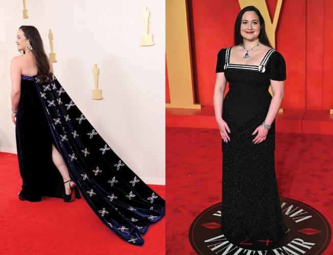 Lily Gladstone wearing two Gucci gowns on the red carpet