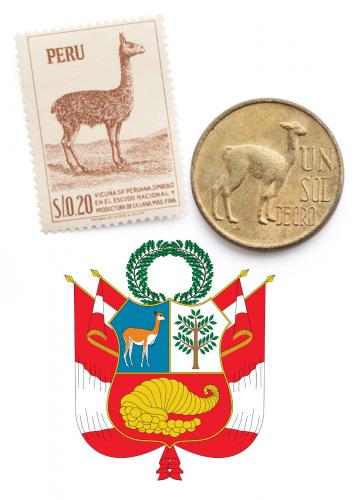 A Peruvian stamp, sol coin, and coat of arms with depictions of vicuna