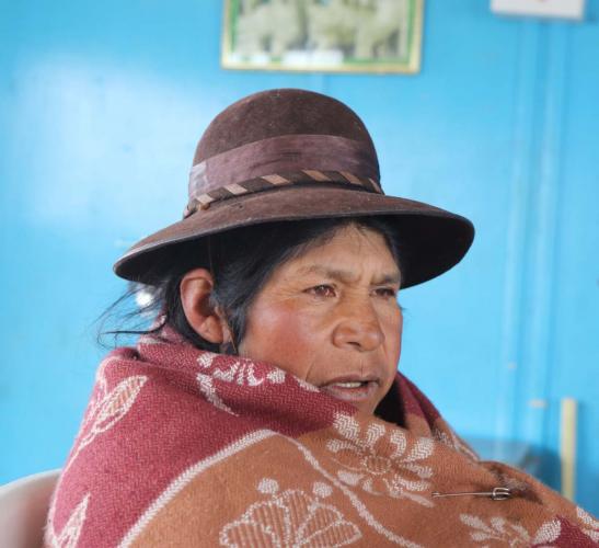 Woman in hat wrapped in vicuna wool blanket sits in front of blue wall