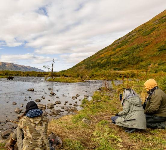 Three tourists sit on riverbank taking observing a brown bear from a distance. 