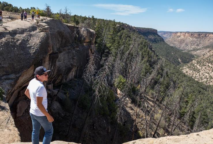 Person in white shirt stands atop a cliff ledge.