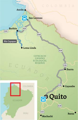 Illustrated map of Ecuador showing a travel route from Quito to Loma Linda by bus and canoe.