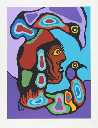 Colorful print depicting a person and birds by Morrisseau
