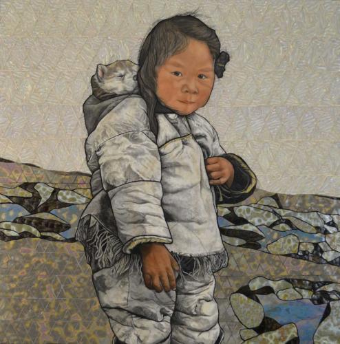 A glass portrait of a young girl with a Husky puppy on her back