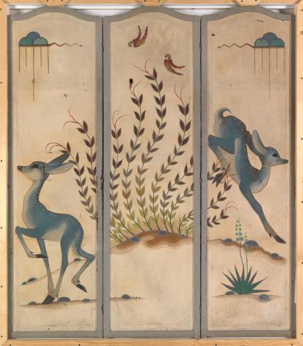 Dressing screen featuring plant life and blue-green deer painted by Eva Miradel