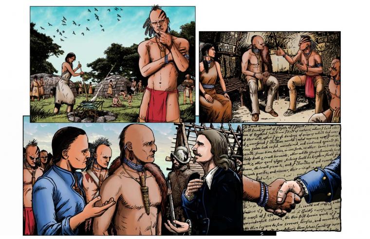 Panel of illustrations depicting the treaty signed between the Pocasset Wampanoag and the English colonists in 1612.