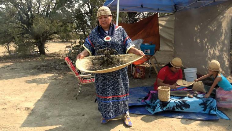Melanie Smokey tosses pinon nuts in a woven basket