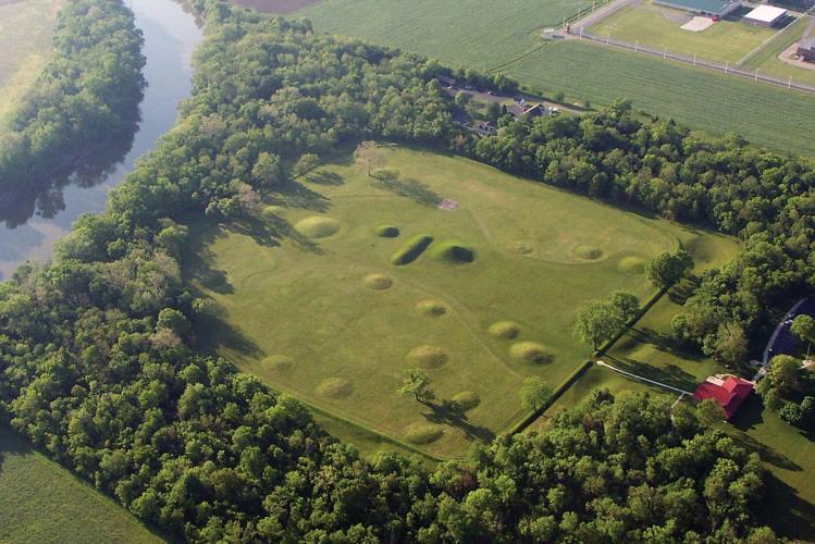 An aerial image of Mound City beside the Scioto River in Ohio