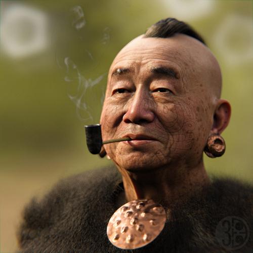 An Indigenous man smokes tobacco from a pipe