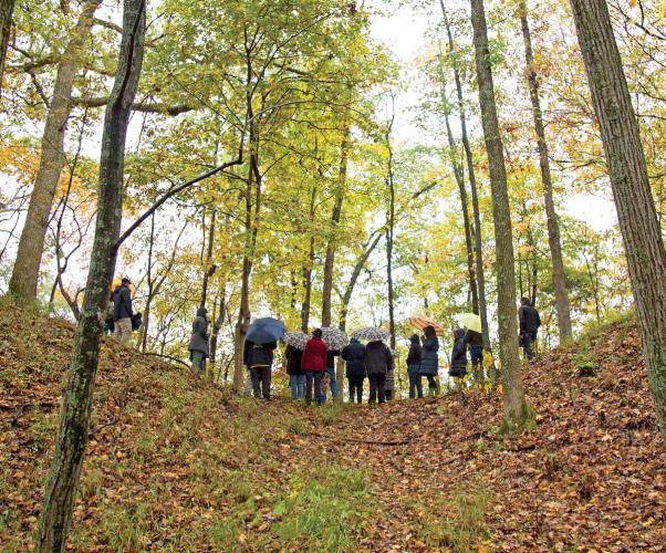 A group of people stand with umbrellas in a forest and observe the Fort Ancient Earthworks