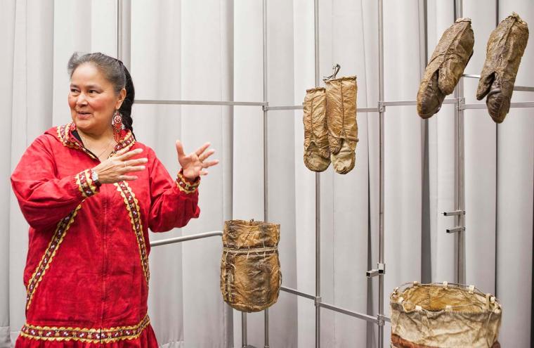 Koyukon Athabascan artist Audrey Armstrong discusses salmon skin gloves and bags