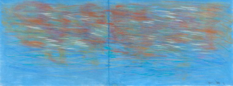 An abstract pastel of blues, greens, yellows, and oranges depicting reflections on the surface of water
