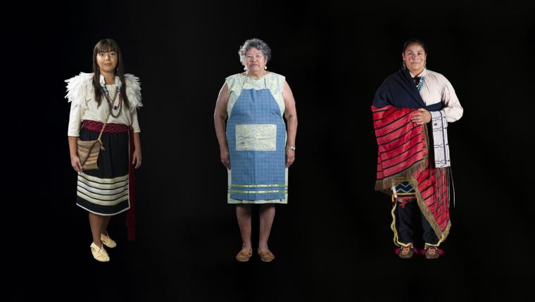 A composite of full body portraits of three women tied to Indigenous leaders during the American Revolution.