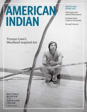 American Indian Winter 2025/Spring 2026 featuring a black and white image of Truman Lowe sitting amongst his art.