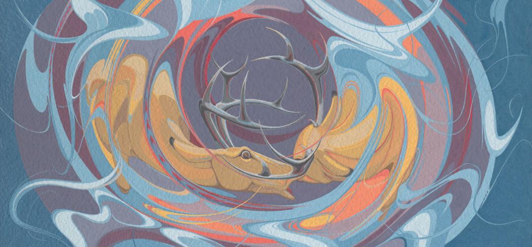 In this Oscar Howe painting, a swirl of blue surrounds a circle formed by two fighting bucks.