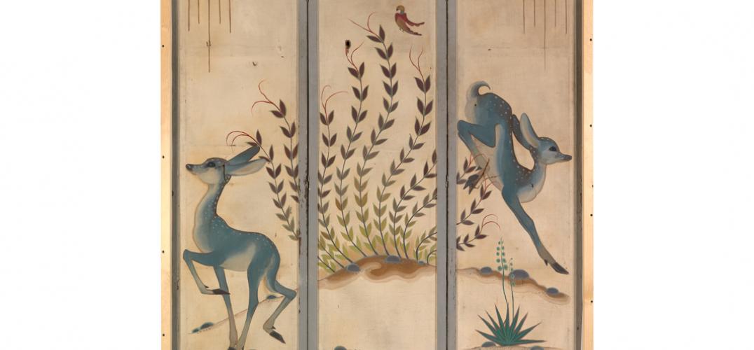 Dressing screen featuring plant life and blue-green deer painted by Eva Miradel