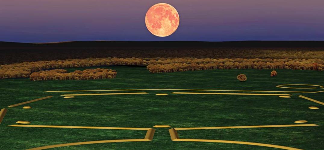 A rendering of the moon rising over and aligning with ancient earthworks in Ohio
