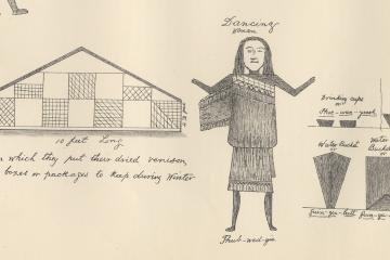 drawing of "Dancing Woman" and details of Beothuk life.