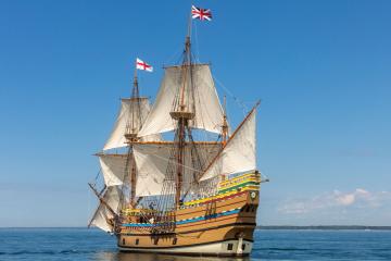 The Mayflower II, a replica of the original Mayflower ship, at sea.