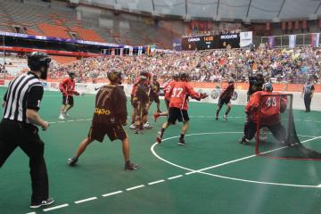 The Iroquois Nationals playing against Team Canada Lacrosse at the 2015 World Indoor Lacrosse Championship