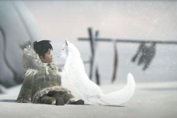 A still from 'Never Alone' of a young girl and her white arctic fox