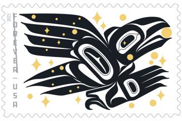 The "Raven Story" U.S. postage stamp showing raven with the sun in his mouth and surrounded by stars