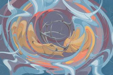 In this Oscar Howe painting, a swirl of blue surrounds a circle formed by two fighting bucks.