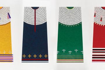 Four colorful screen prints of Plains Native dresses by artist Dyani White Hawk