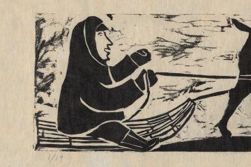 A wood-cut print of an illustration of a man on a sled pulled by a reindeer in black ink