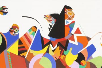 An abstract expressionist painting in bold colors