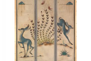 Dressing screen featuring plant life and blue-green deer painted by Eva Miradel