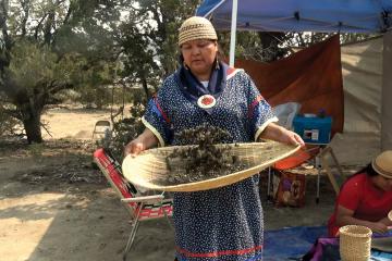 Melanie Smokey tosses pinon nuts in a woven basket