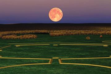 A rendering of the moon rising over and aligning with ancient earthworks in Ohio