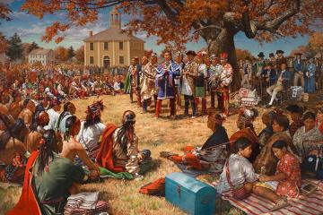 The painting The Great Treaty of Canandaigua by Robert Griffing depicting leaders speaking to a seated crowd gathered in a town square.